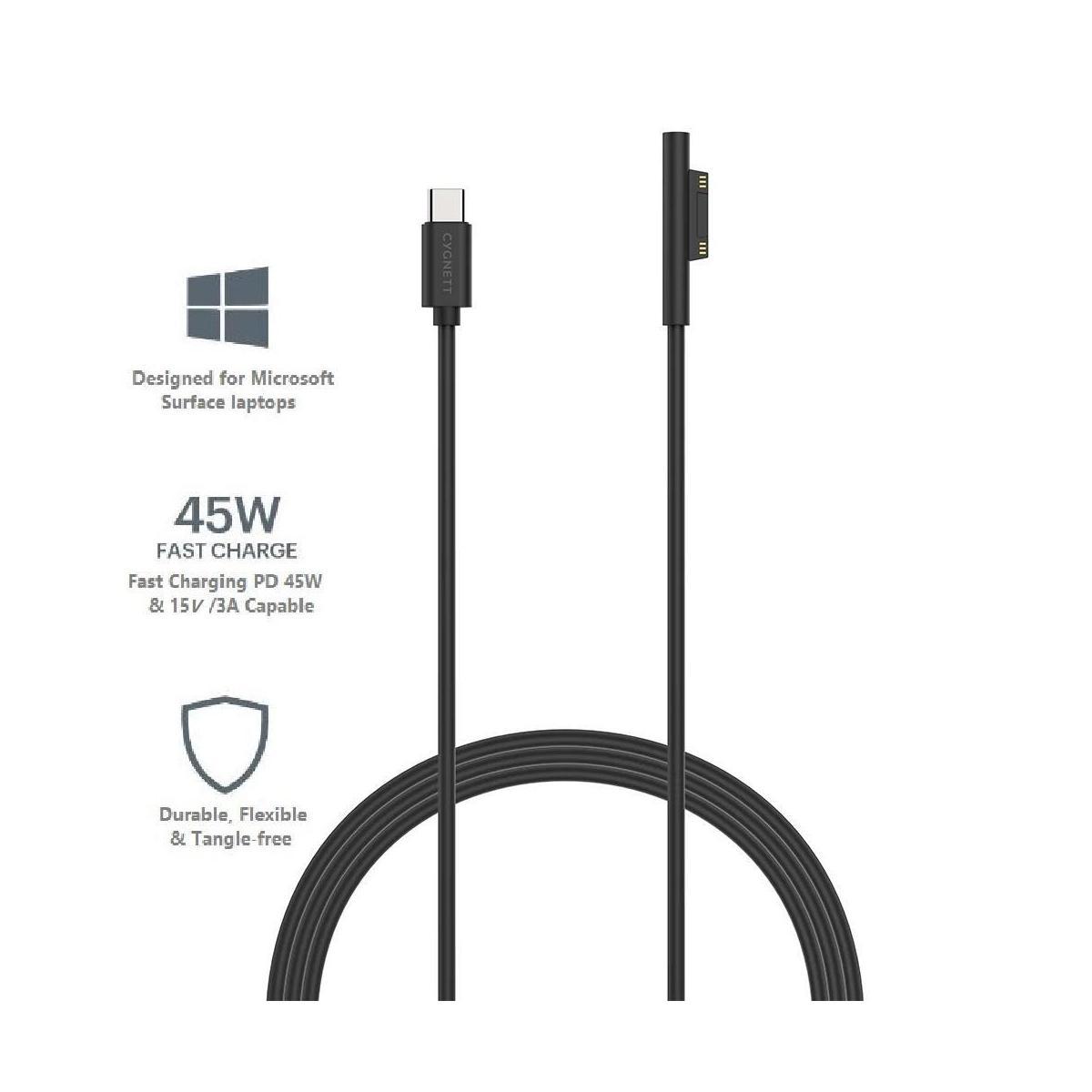 Cygnett Essentials USB-C to Microsoft Surface Laptop Cable 2M Black 45W Magnetic Charge