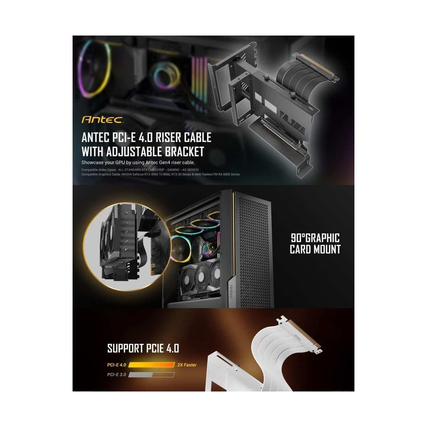 Antec Adjustable Vertical PCI Bracket PCIe 4.0 Cable Kit 200mm White Gold Plated