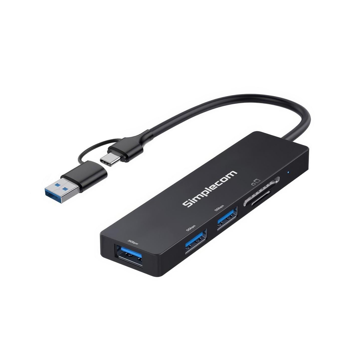 Simplecom CH365C 3-Port USB Hub SD MicroSD Card Reader USB-A USB-C Dual Connector