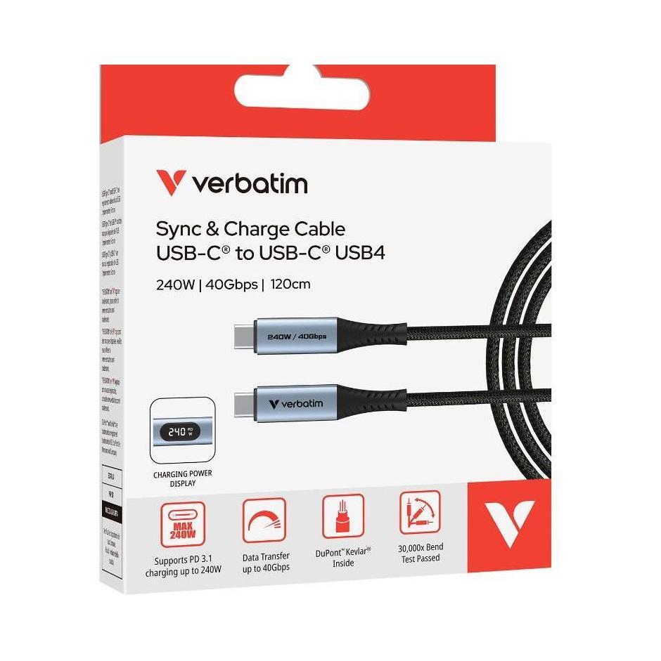 Verbatim USB-C to USB-C 40Gbps 120cm Cable ChargerSync DisplayPort