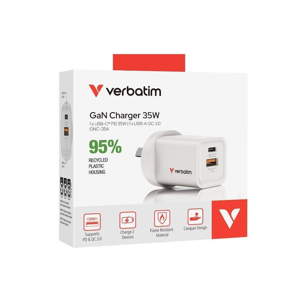 Verbatim 2 Port 35W GaN Charger USB-C PD 35W USB-A QC 3.0