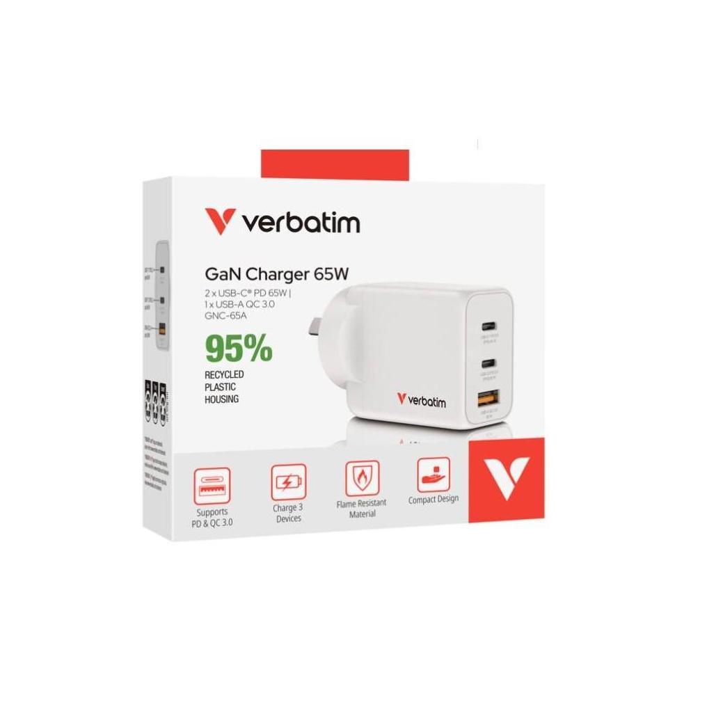 Verbatim 65W 3-Port GaN Charger 2xUSB-C PD 1xUSB-A