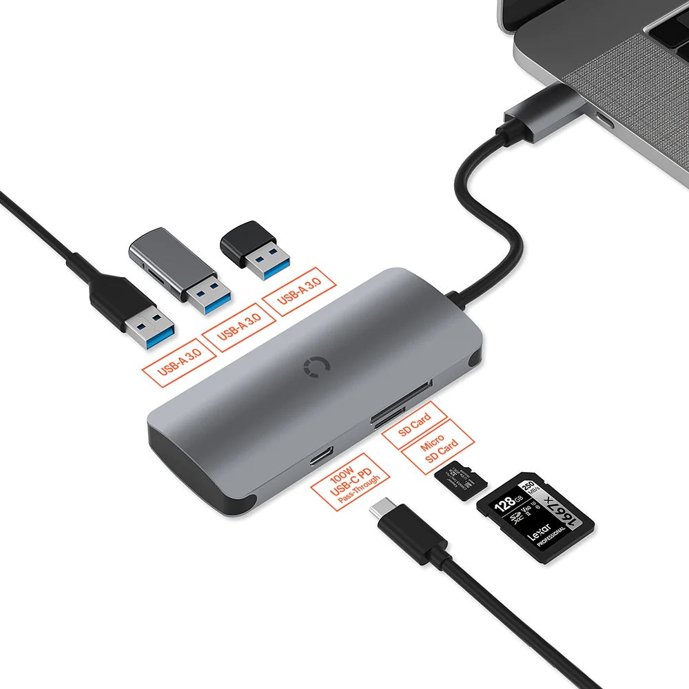Cygnett Unite SlimMate USB-C Multiport Hub 3xUSB-A 1xUSB-C 100W PD 1xSD 1xMicroSD