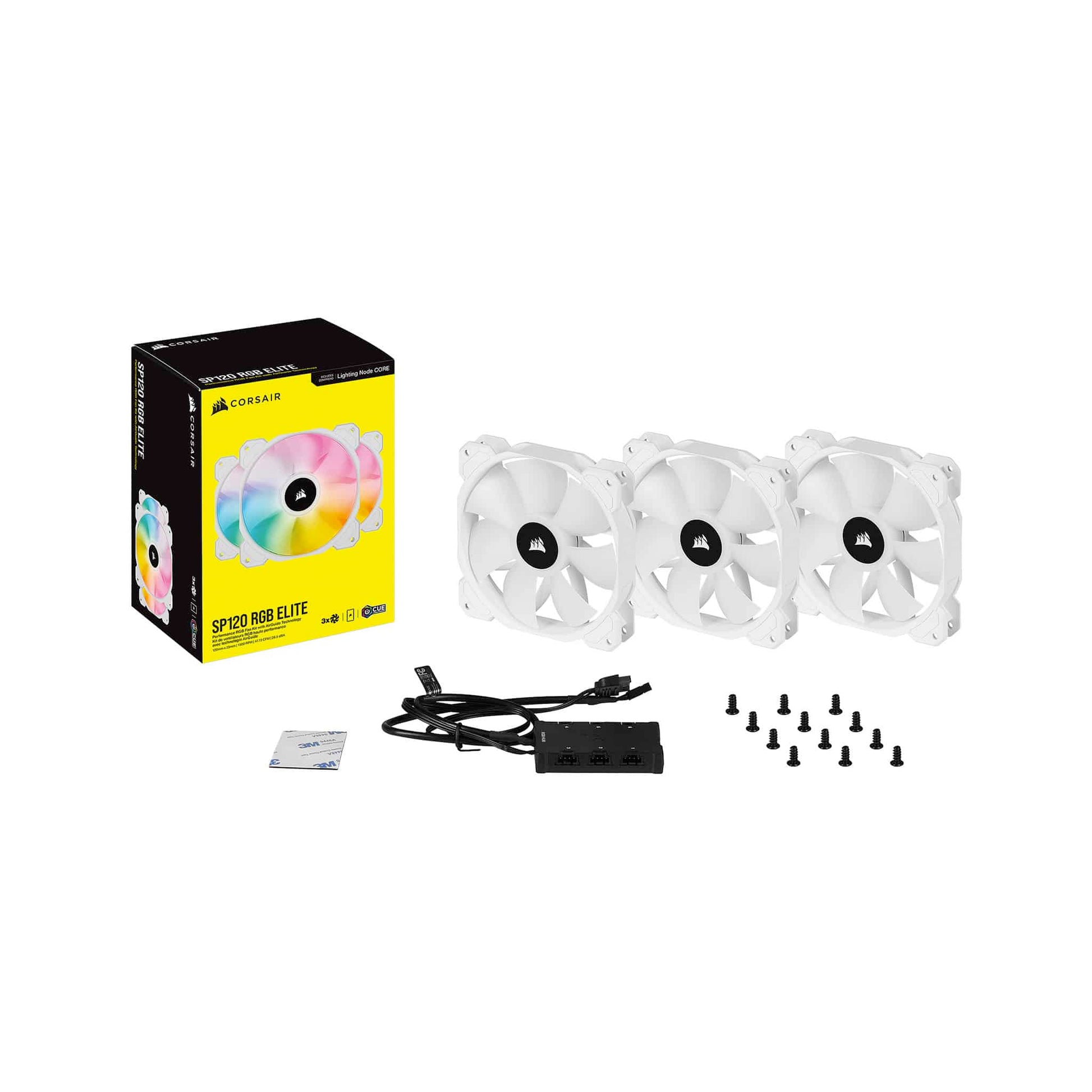 Corsair iCUE SP120 RGB ELITE 120mm White PWM Fan - 3 Pack with Lighting Node CORE