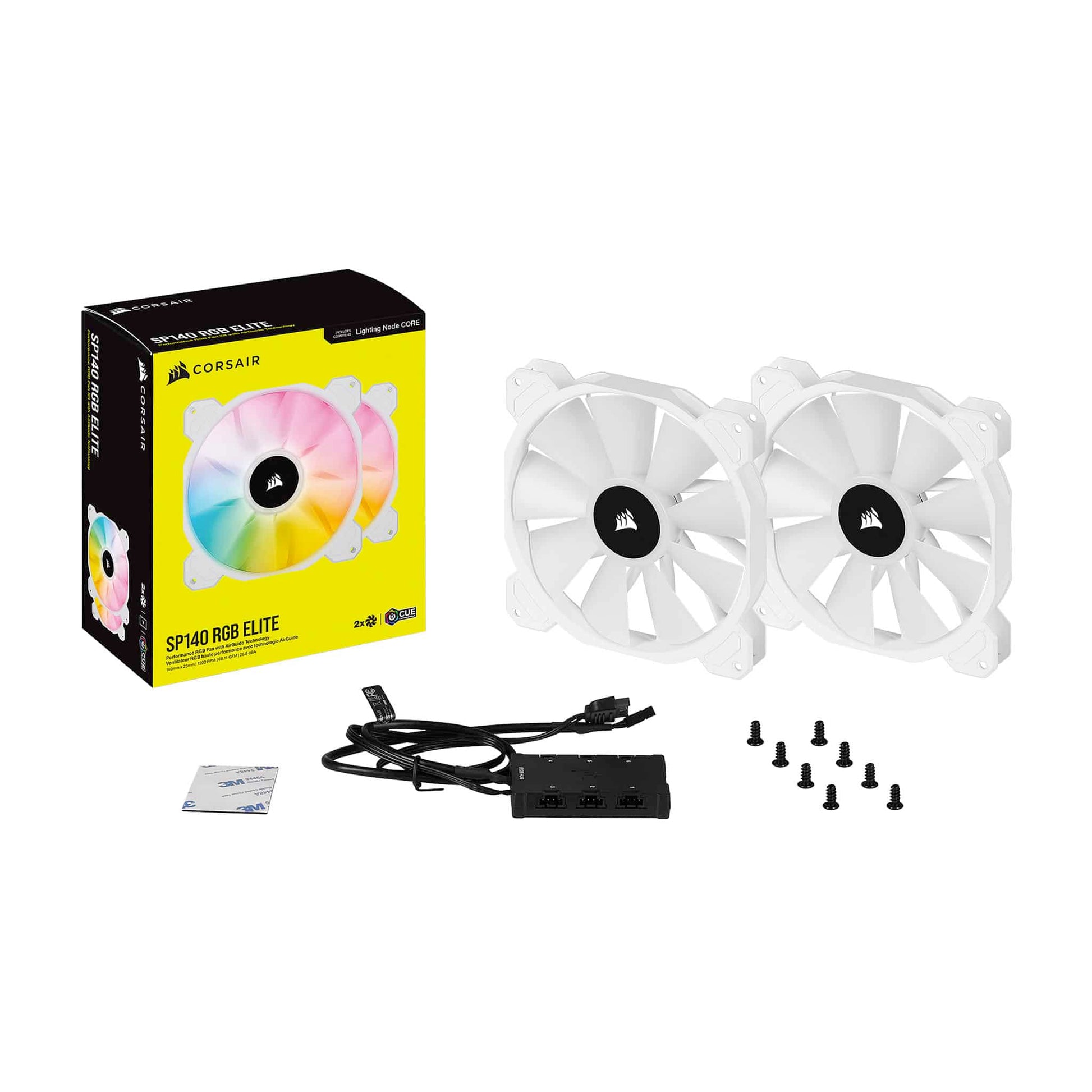 Corsair iCUE SP140 RGB ELITE 140mm White PWM Fan – 2 Pack With Lighting Node CORE