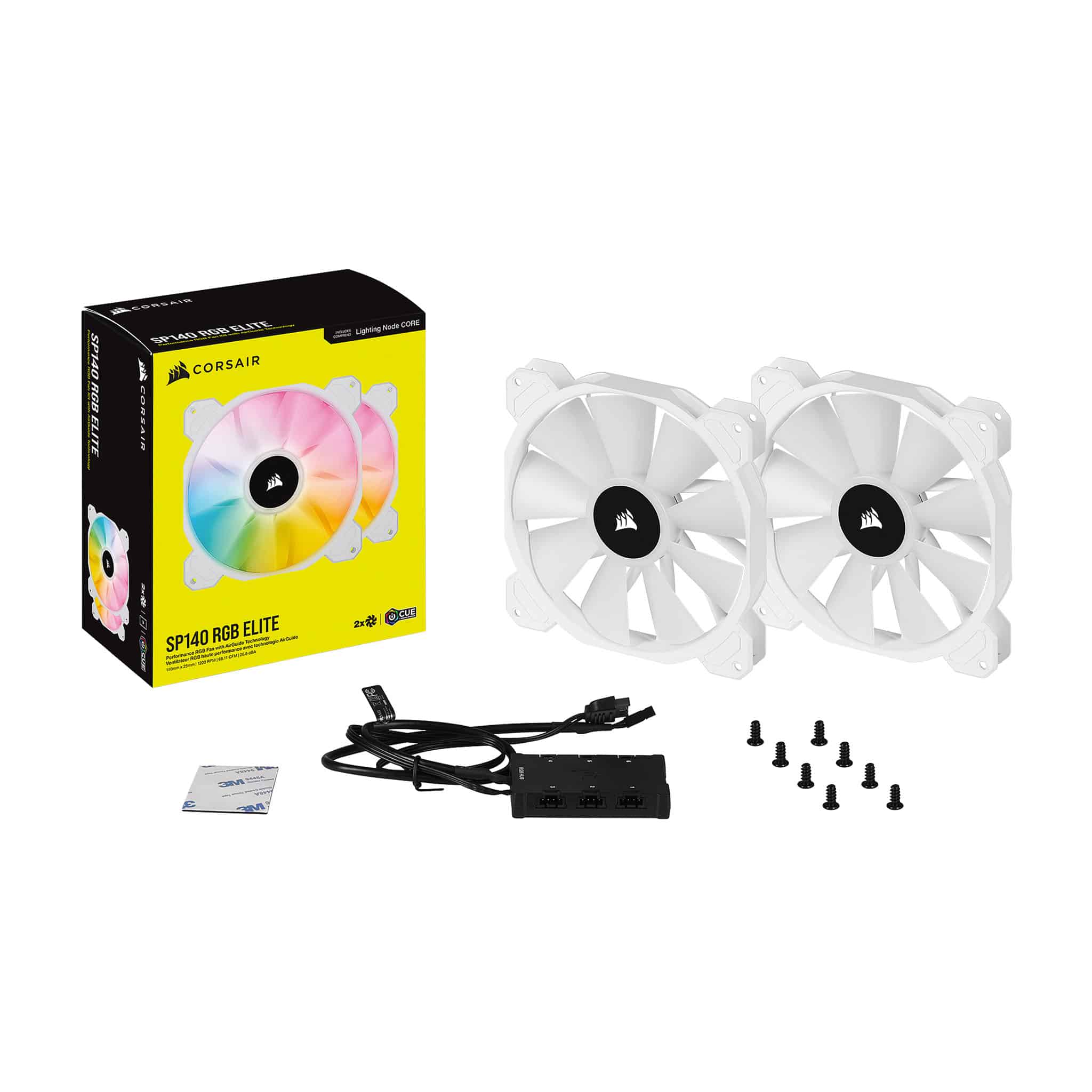 Corsair iCUE SP140 RGB ELITE 140mm White PWM Fan – 2 Pack With Lighting Node CORE