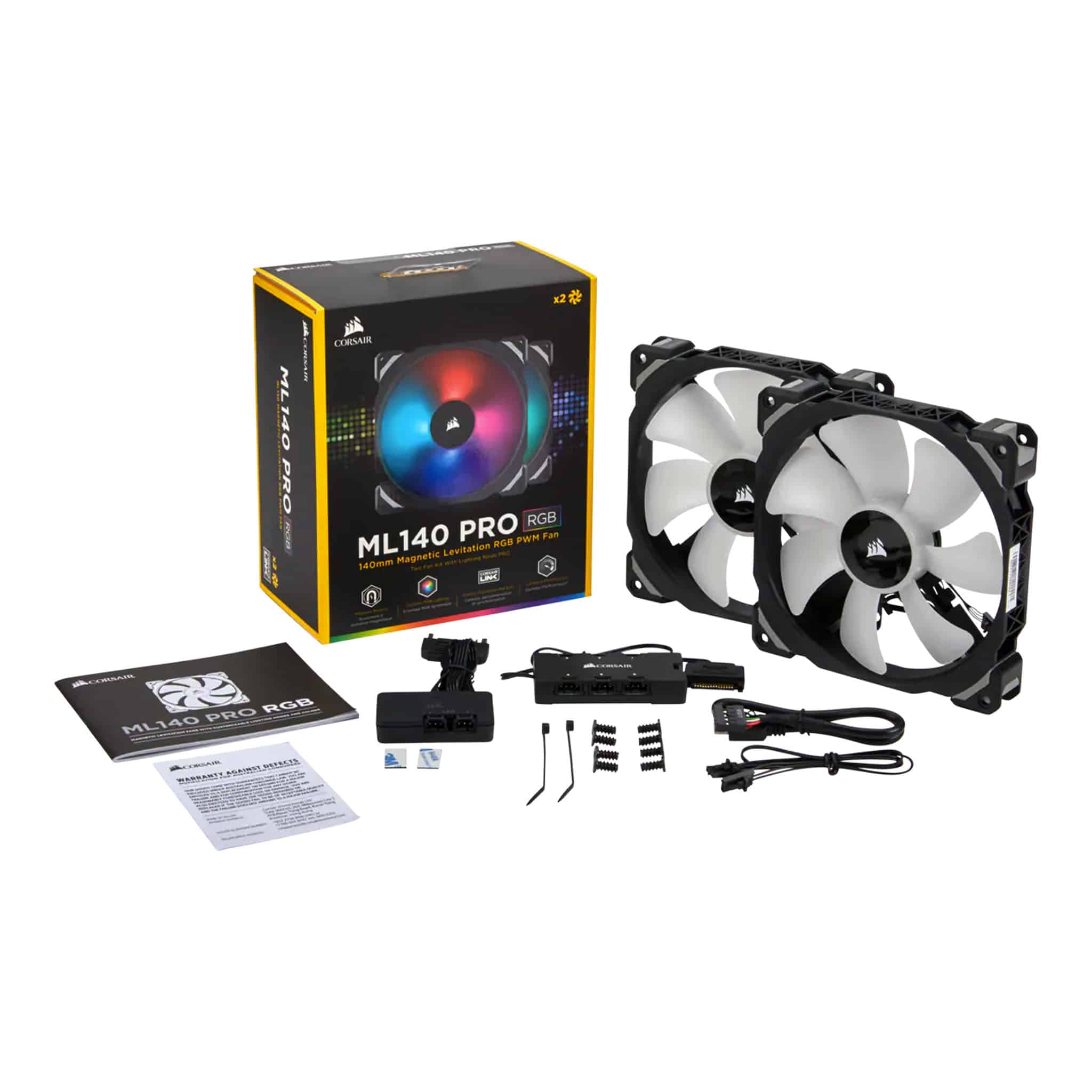 Corsair ML140 PRO RGB LED 140mm PWM Premium Magnetic Levitation Fan - 2 Pack with Lighting Node PRO
