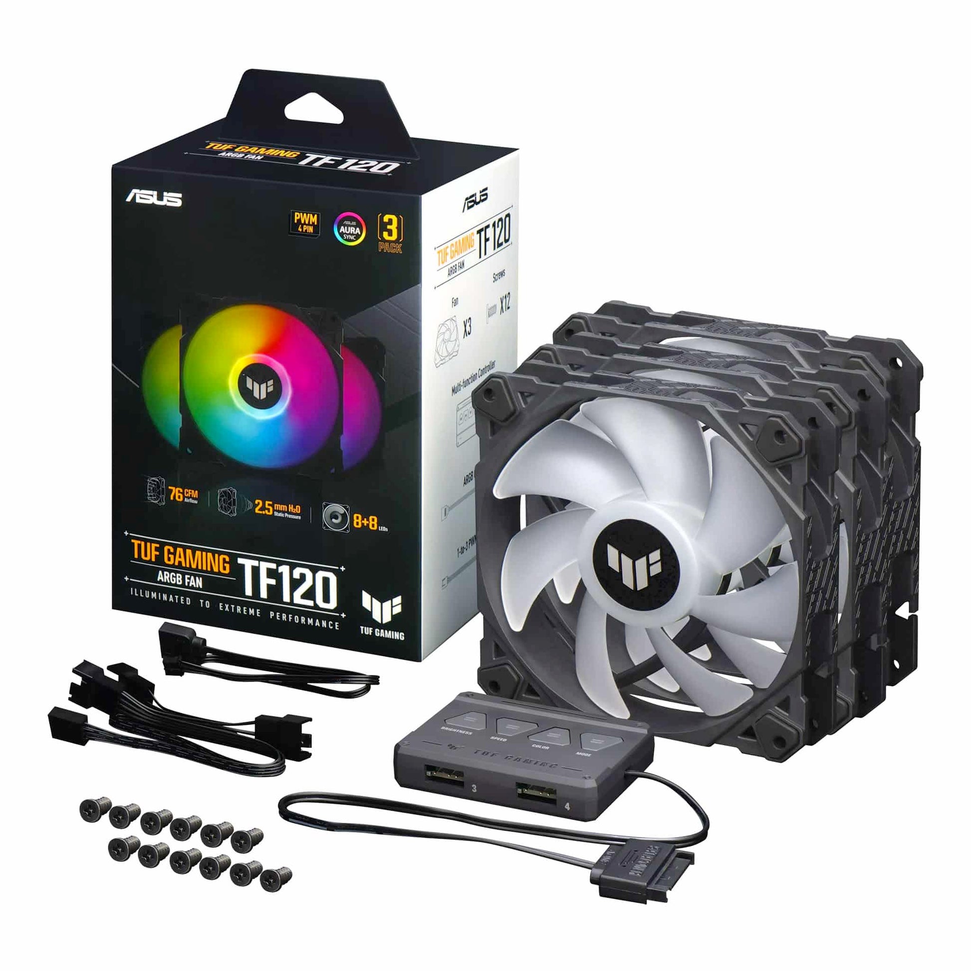 ASUS TUF Gaming TF120 ARGB 120mm Black PWM Fan – 3 Pack With ARGB Controller