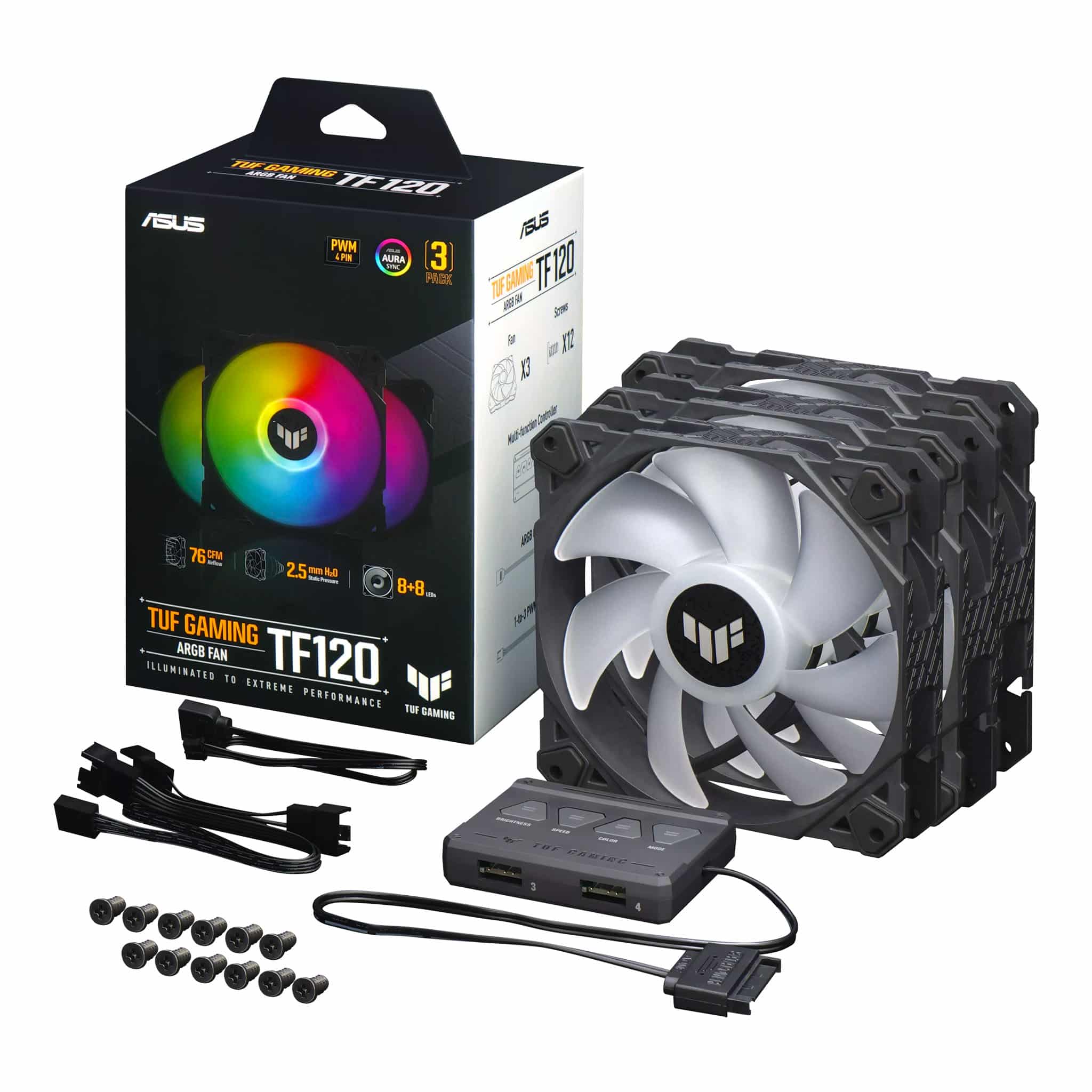 ASUS TUF Gaming TF120 ARGB 120mm Black PWM Fan – 3 Pack With ARGB Controller