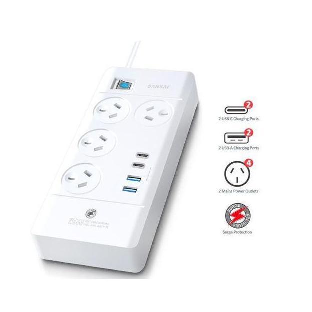 Astrotek 4 Way Powerboard 4 Outlets 2 USB-A 2 USB-C 10A 240V Individually