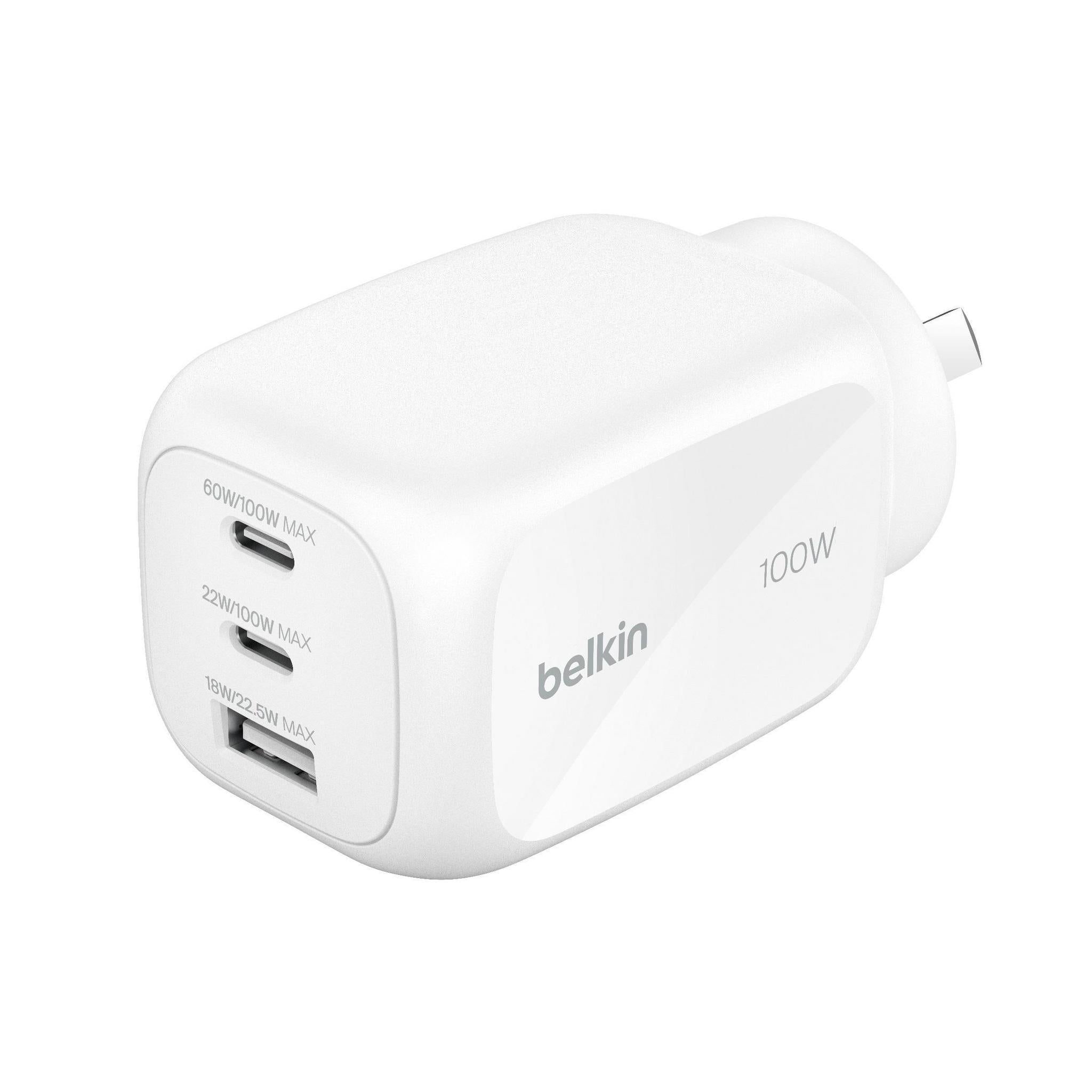 Belkin BoostCharge Pro 100W 3-Port GaN Wall Charger - White (WCH016AUWH) 2x U...