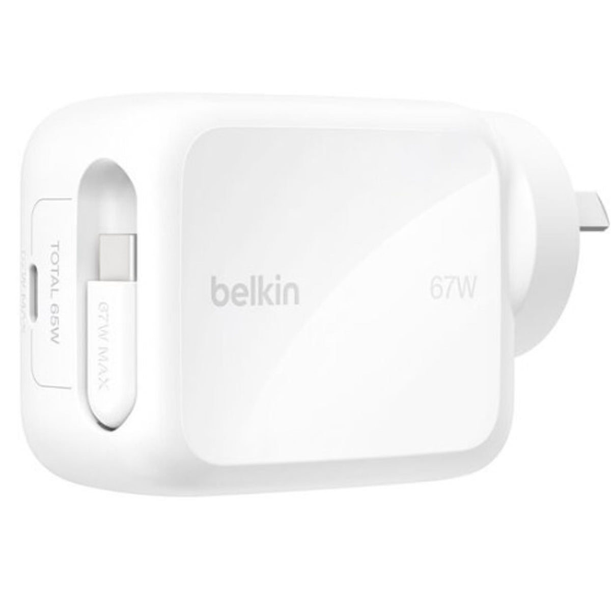 Belkin UltraCharge Retractable Dual 67W USB-C GaN Wall Charger White 1xUSB-C