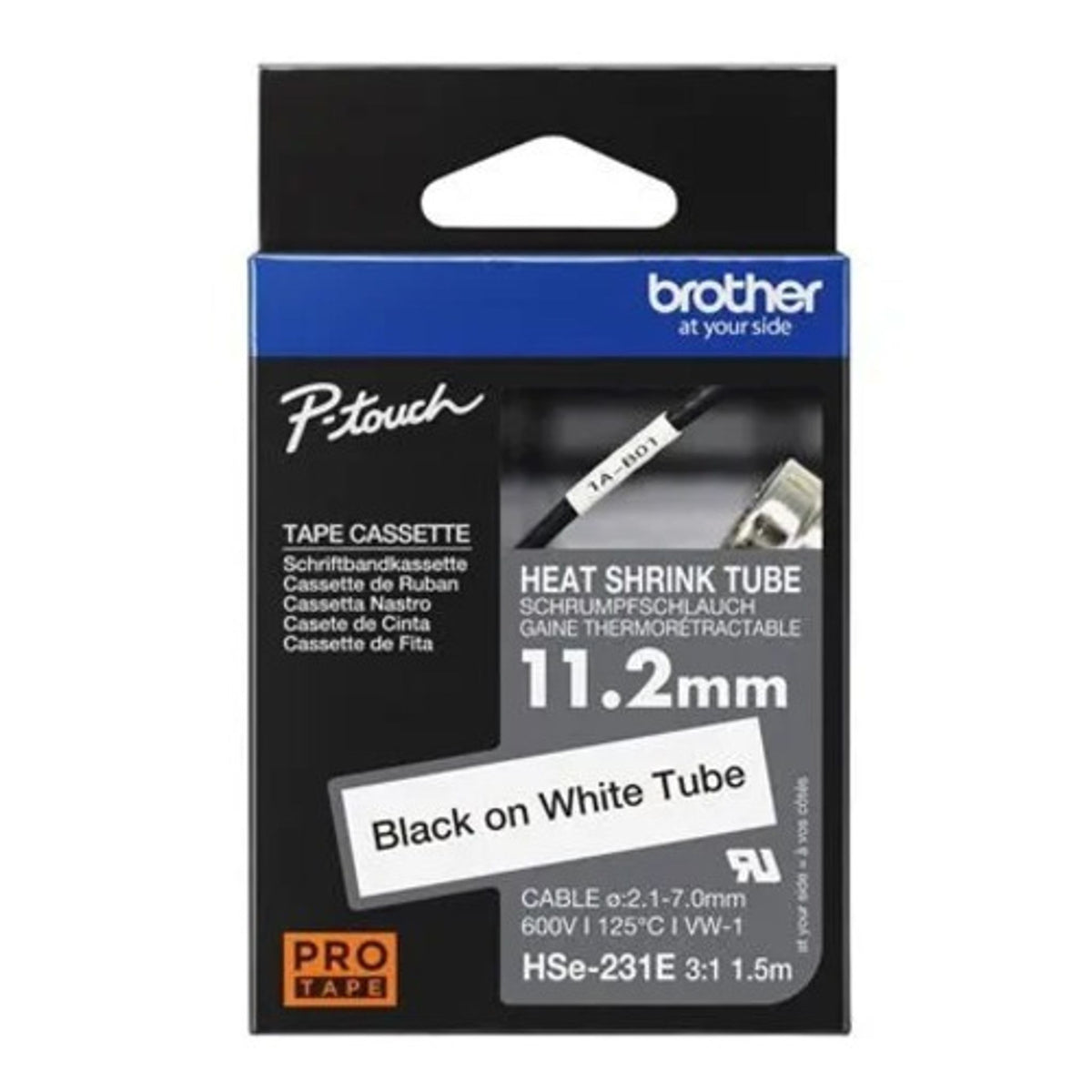 Brother HSE-231E 11.2MM BLACK ON WHITE HEAT SHRINK TUBE CATRIDGE 3:1