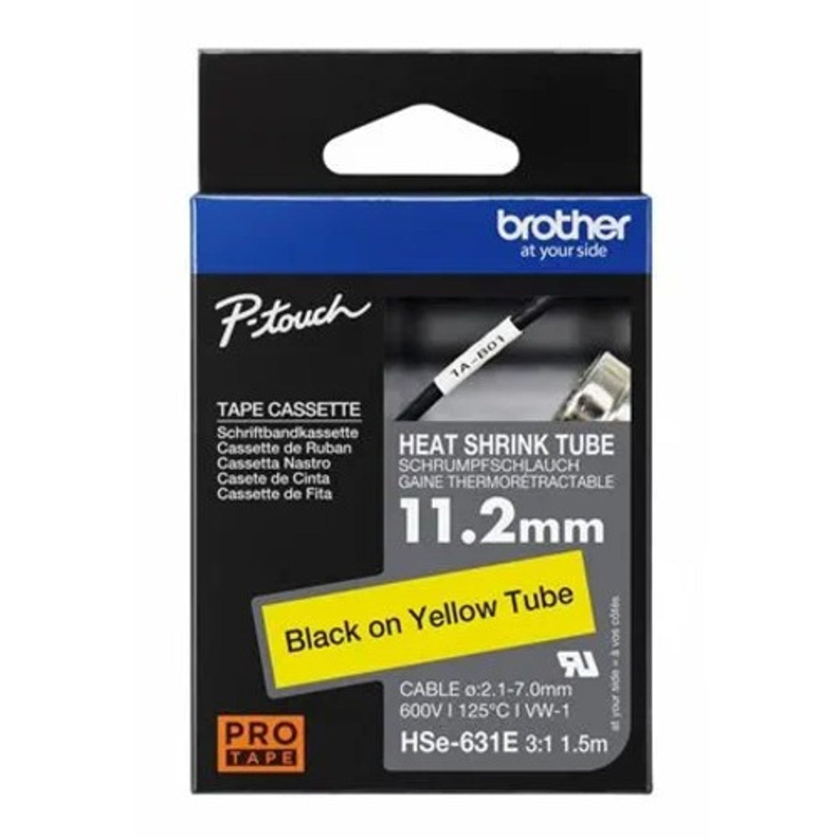 Brother HSE-631E 11.2MM BLACK ON YELLOW HEAT SHRINK TUBE CATRIDGE 3:1