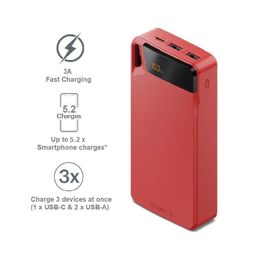 Cygnett ChargeUp Boost 4th Gen 20K mAh Triple Port Power Bank Red