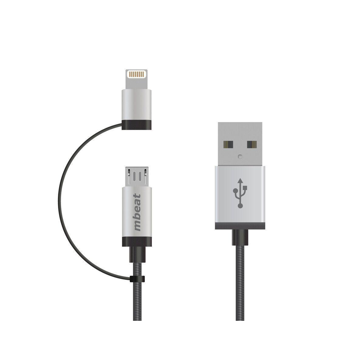 MBEAT 1M Lightning Micro USB 2-in-1 Nylon Braided Data Cable Silver