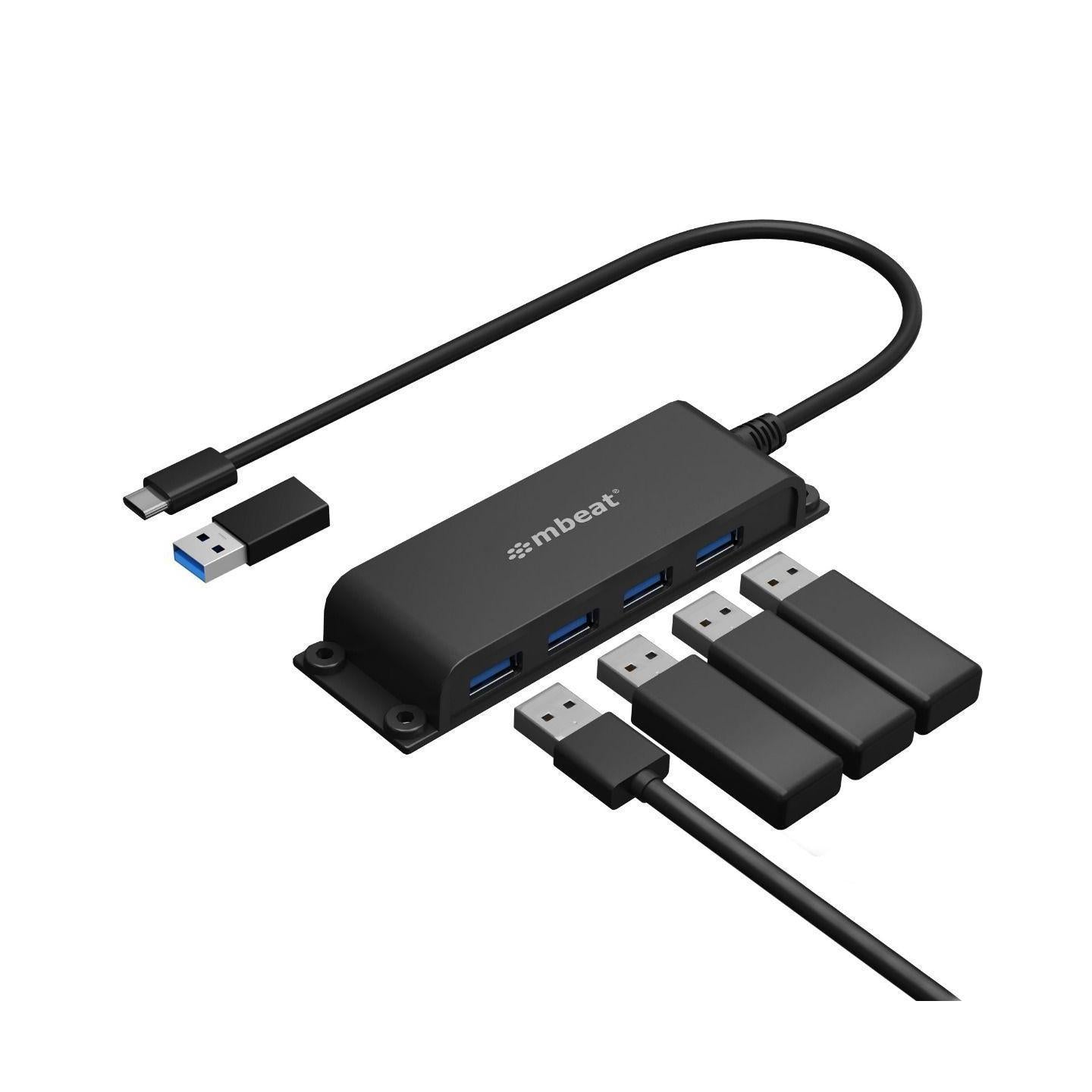 mbeat® Mountable 4-Port USB-A USB-C Adapter Hub - 60cm Data Cable USB 3.0 2.0...
