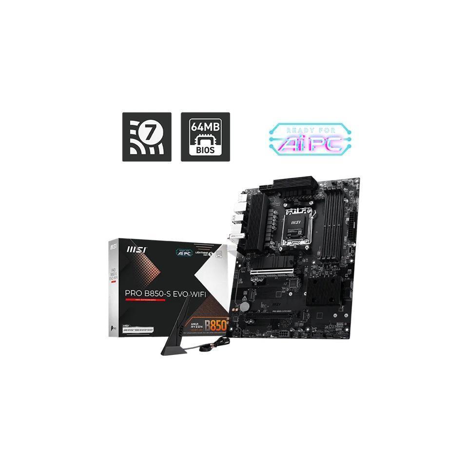MSI PRO B850-S EVO WIFI AMD B850 AM5 4x DDR5 256GB PCIe 5.0 x16 3x M.2 Wi-Fi 7