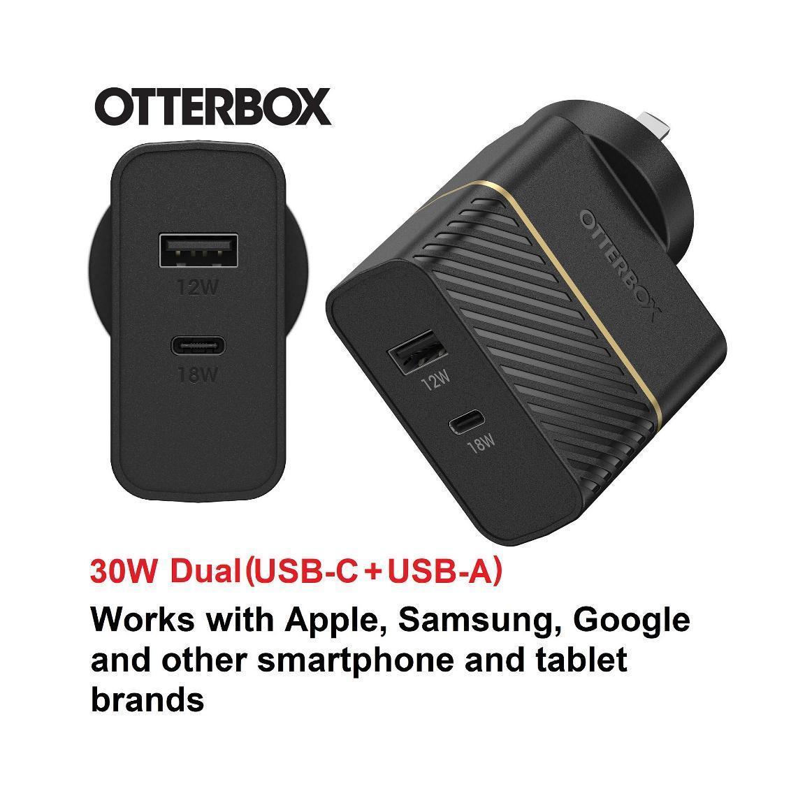 OtterBox 30W Dual Port Premium PD Fast Wall Charger - Black (USB-C 18W USB-A 12)
