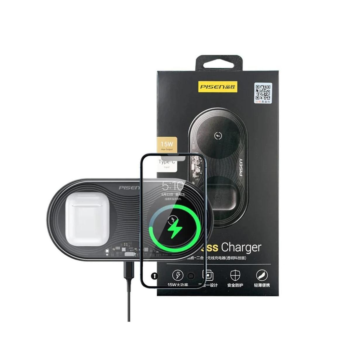 PISEN 2-in-1 Wireless Charging Station 15W Qi-2 Type-C Black