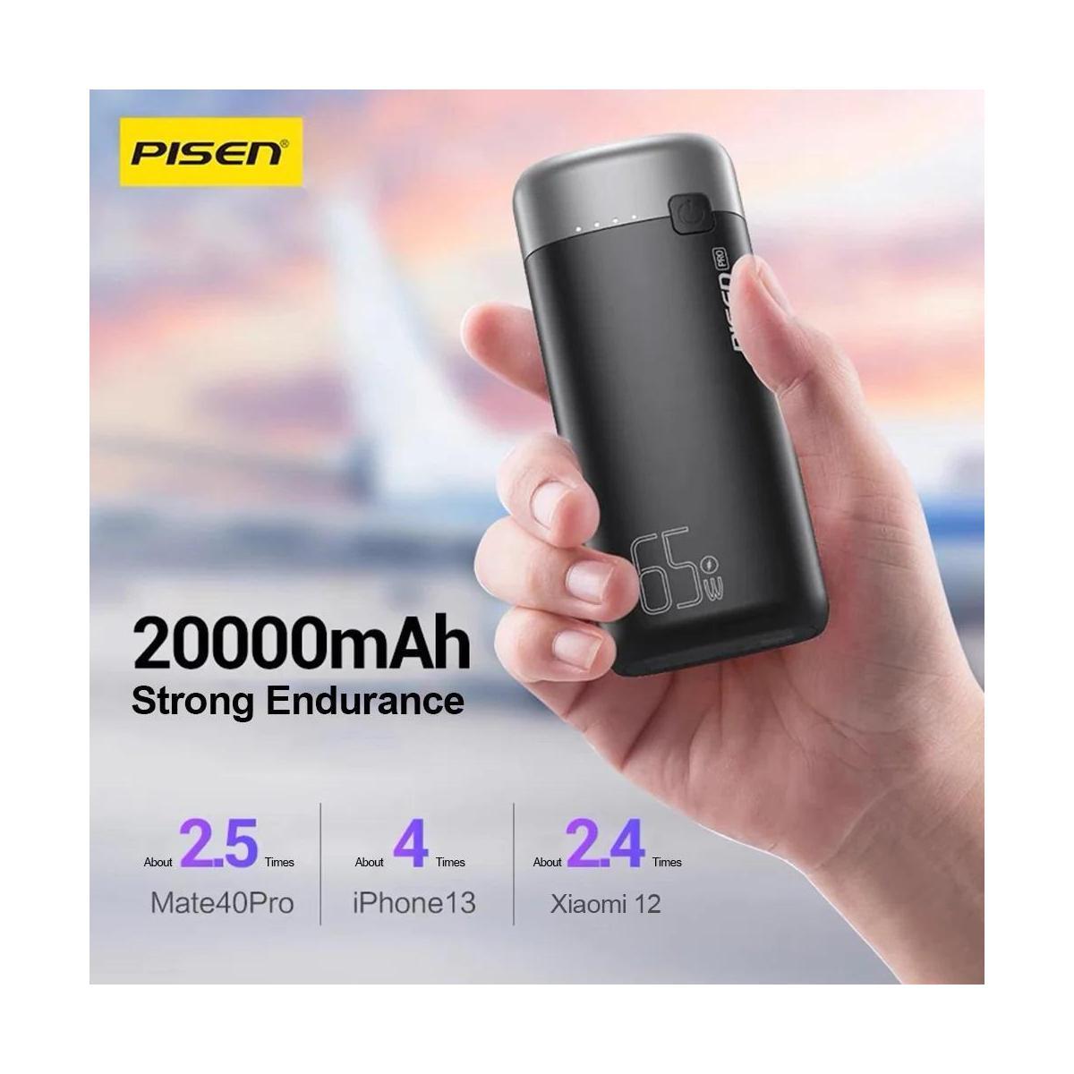 PISEN Pro 65W 20000mAh 3 Port Power Bank + Cable Black