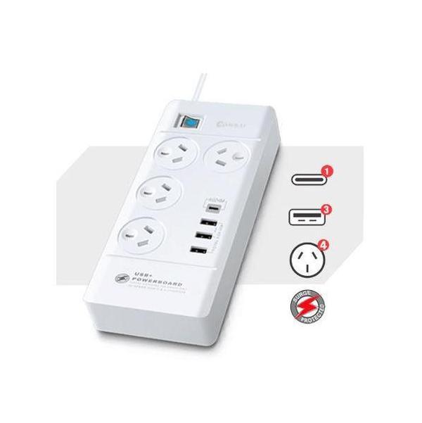 Sansai 4 Outlet 3xUSB-A 1xUSB-C Powerboard Master On/Off switch Surge and ove...