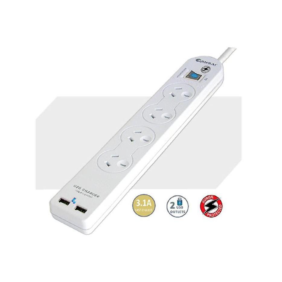 Sansai 4 Way Basic Powerboard USB Ax2 4 Outlets Master Switch Surge and overl...