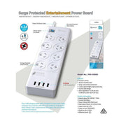 Sansai 8 Outlets 4 USB Surge Protected Powerboard Master Switch 1M Lead Right Angle Plug