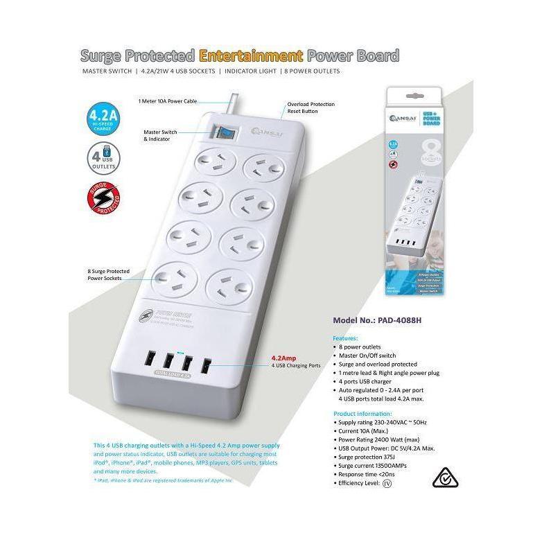Sansai 8 Outlets 4 USB Surge Protected Powerboard Master Switch 1M Lead Right Angle Plug