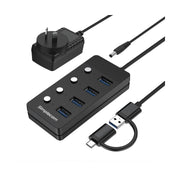 Simplecom CH345C USB-A USB-C to 4-Port USB 3.0 Hub 5Gbps Individual Switches Power Adapter