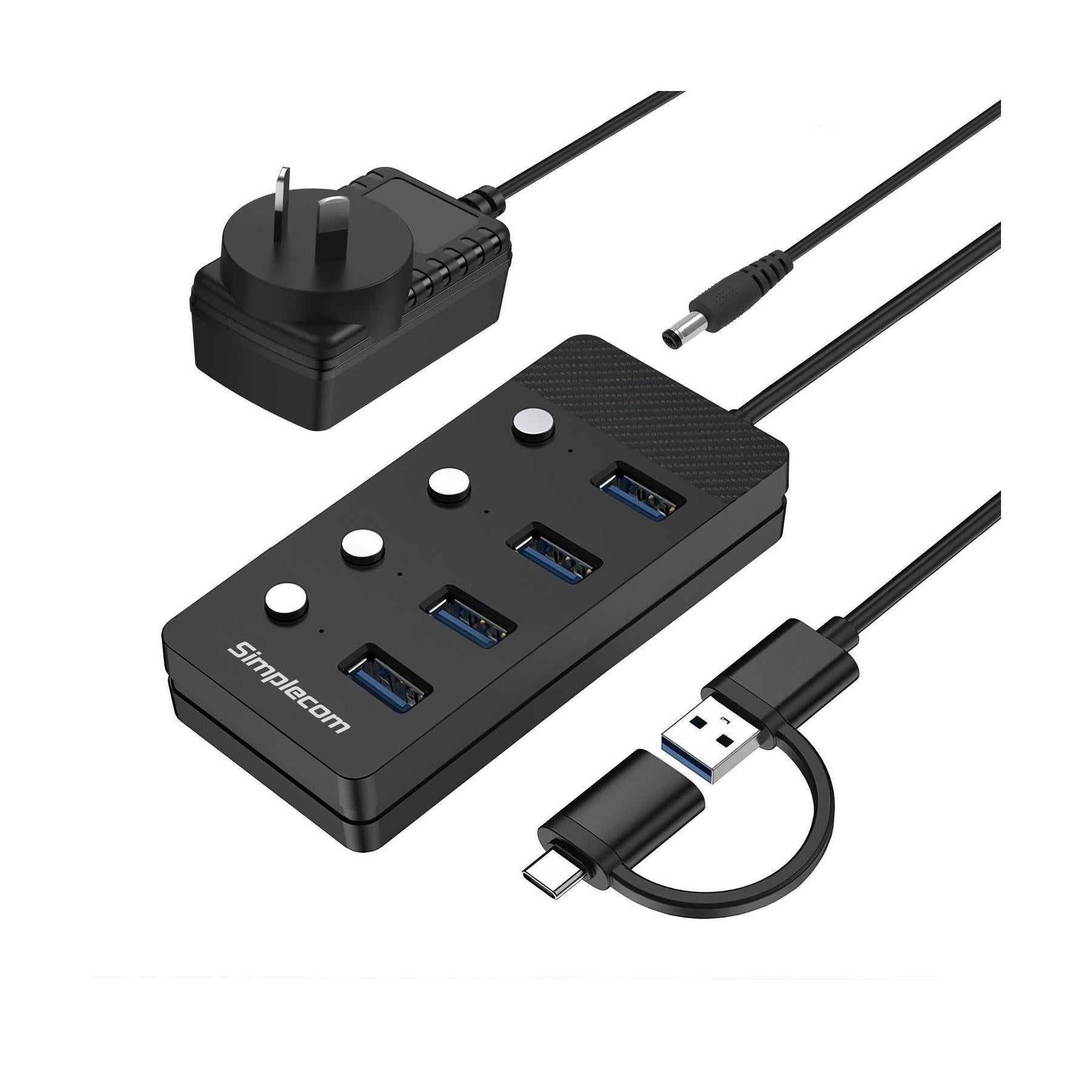 Simplecom CH345C USB-A USB-C to 4-Port USB 3.0 Hub 5Gbps Individual Switches Power Adapter