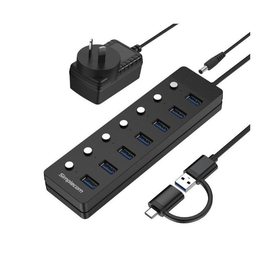 Simplecom CH375C 7-Port USB-A USB-C Hub 5Gbps Individual Switches Power Adapter
