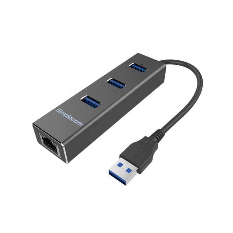 Simplecom CHN410 Black Aluminium 3 Port USB 3.0 Hub with Gigabit Ethernet Adapter 1000Mbps