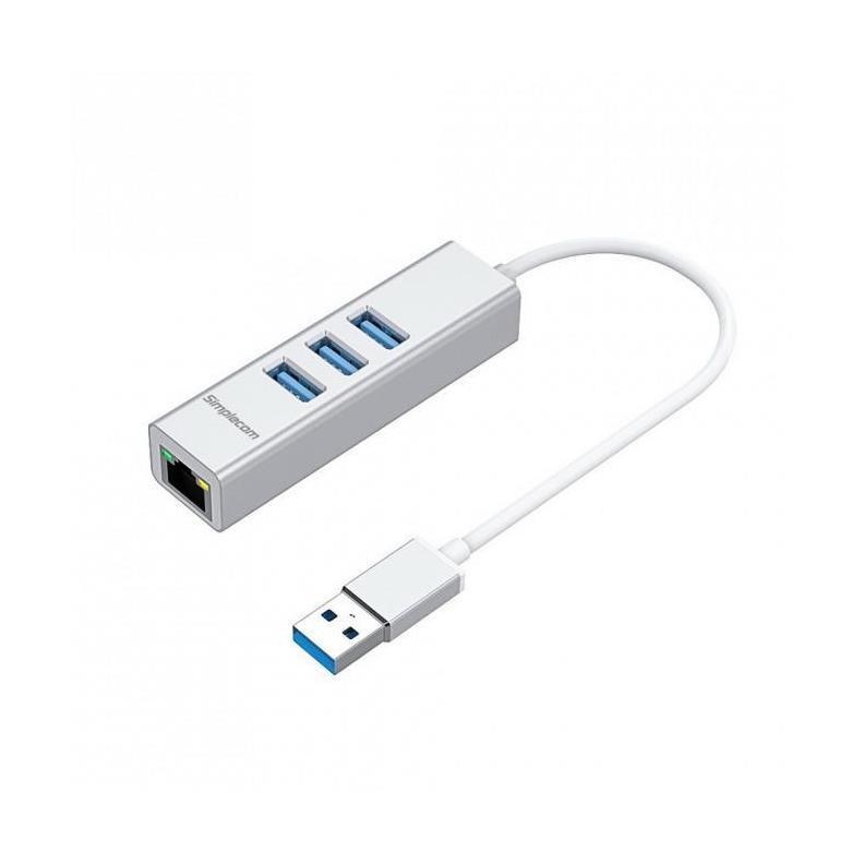 Simplecom CHN420 Silver Aluminium 3 Port SuperSpeed USB HUB with Gigabit Ethe...