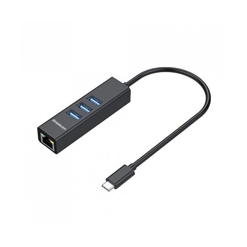 Simplecom CHN421 Black Aluminium USB-C to 3 Port USB HUB with Gigabit Etherne...