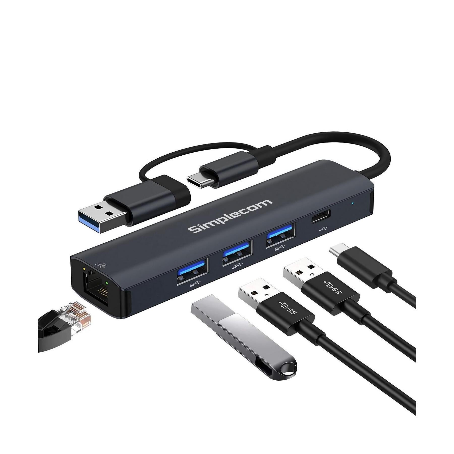 Simplecom CHN436 USB-C USB-A to 4-Port Hub with Gigabit Ethernet Adapter