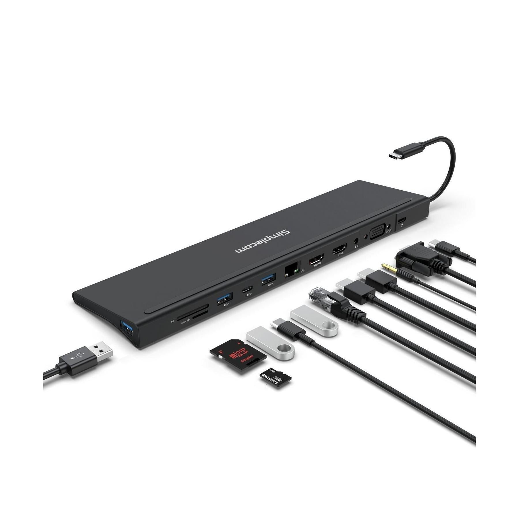 Simplecom CHN622 USB-C 12-in-1 Multiport Hub Dual HDMI VGA Triple Display Laptop Stand