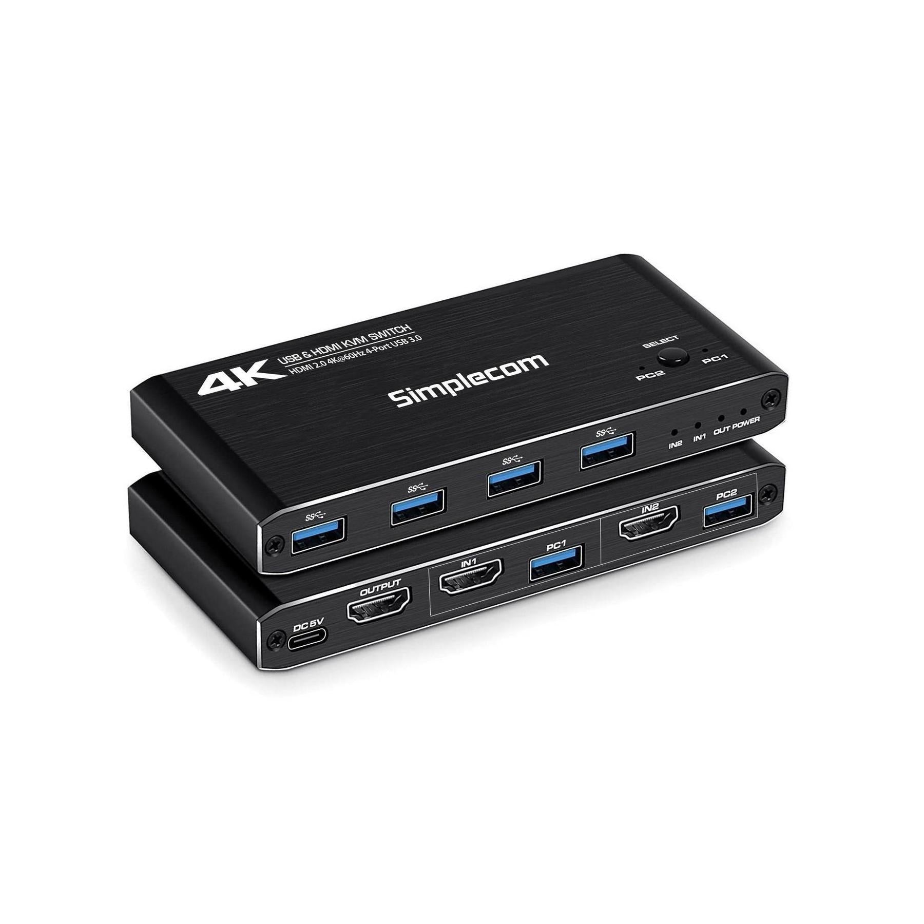 Simplecom KM420 2-Port HDMI KVM Switch 4-Port USB Hub 4K@60Hz HDMI 2.0 5Gbps