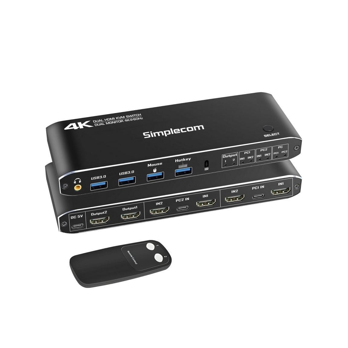 Simplecom KM430 Dual HDMI 4K@60Hz KVM Switch 4-Port USB Hub
