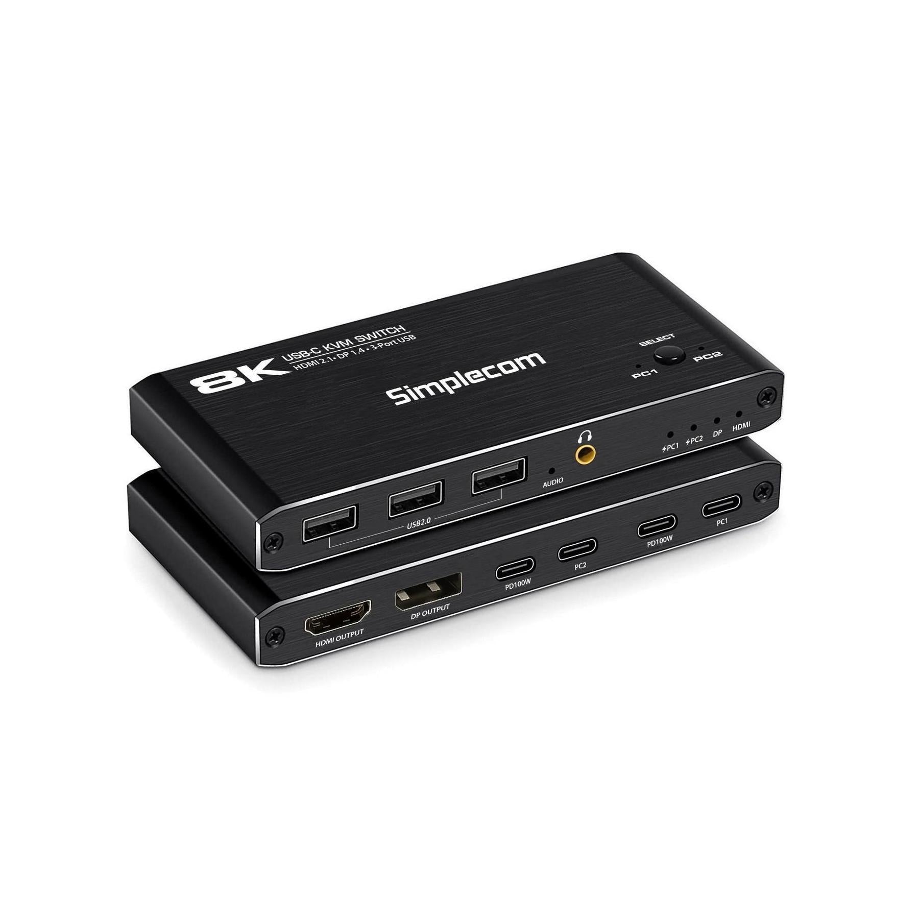 Simplecom KM470 2-Port USB-C KVM Switch HDMI 2.1 DP Docking Station