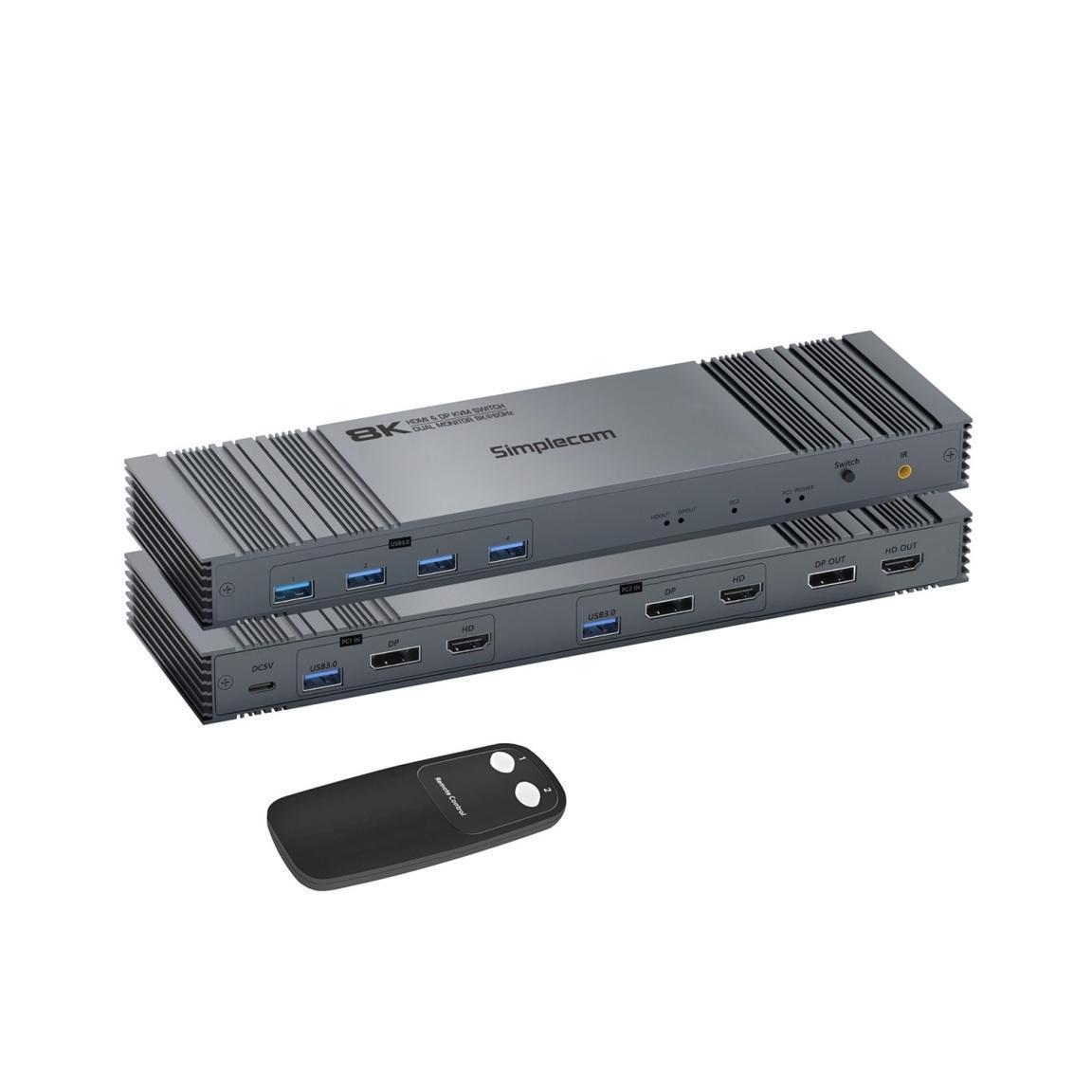 Simplecom KM490 HDMI DisplayPort Dual Monitor KVM Switch 4-Port USB Hub 8K@60Hz