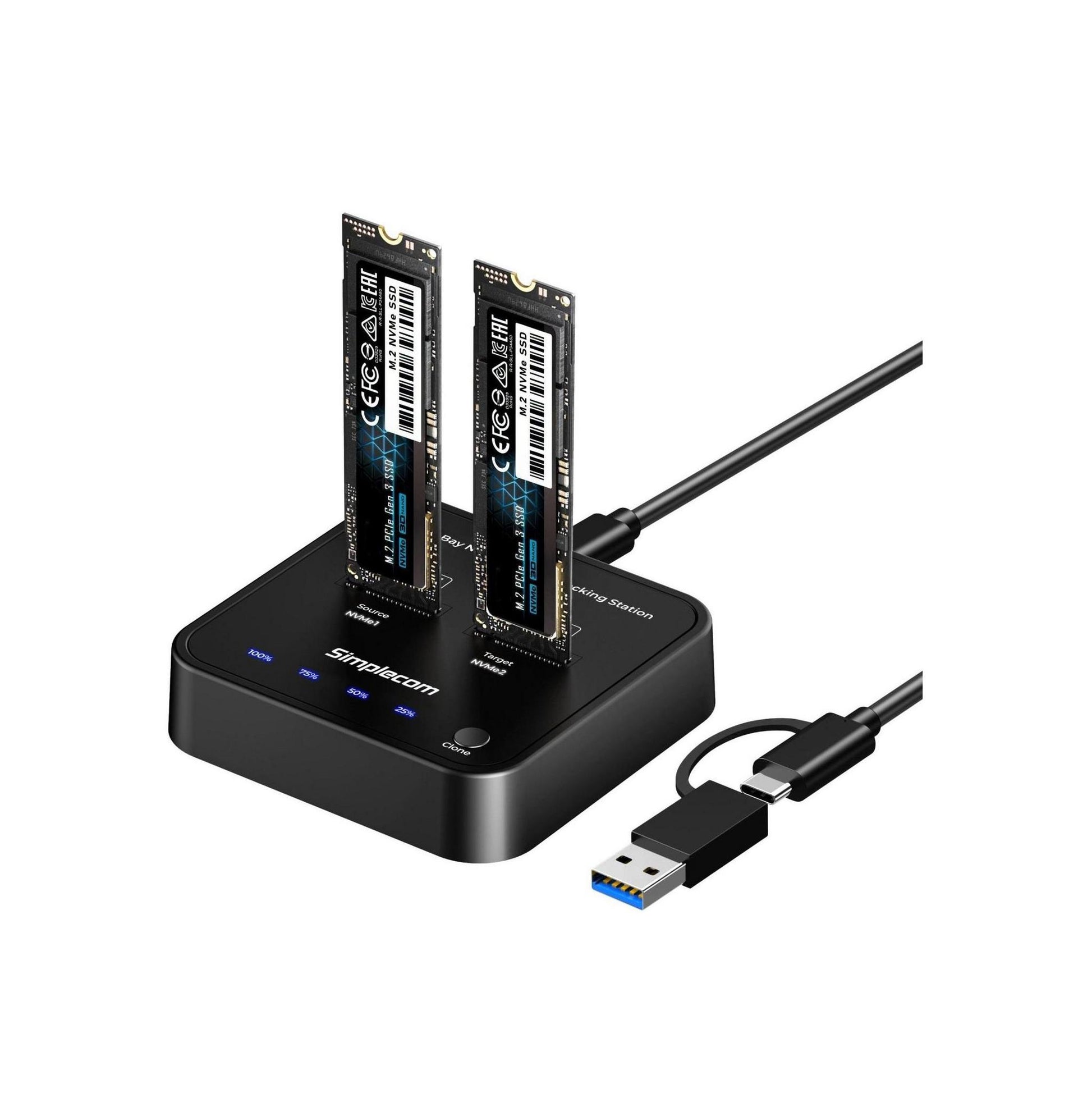 Simplecom SD550v3 USB 3.2 Gen2 Dual Bay NVMe M.2 SSD Docking Station Clone Duplicate