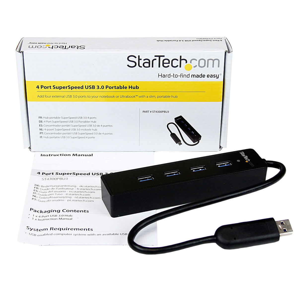 StarTech 4-Port USB 3.0 Hub with Built-in Cable 5Gbps
