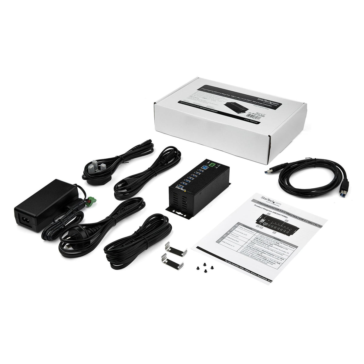 StarTech 7-Port USB 3.0 Hub with Power Adapter Metal Industrial 5Gbps Mountable