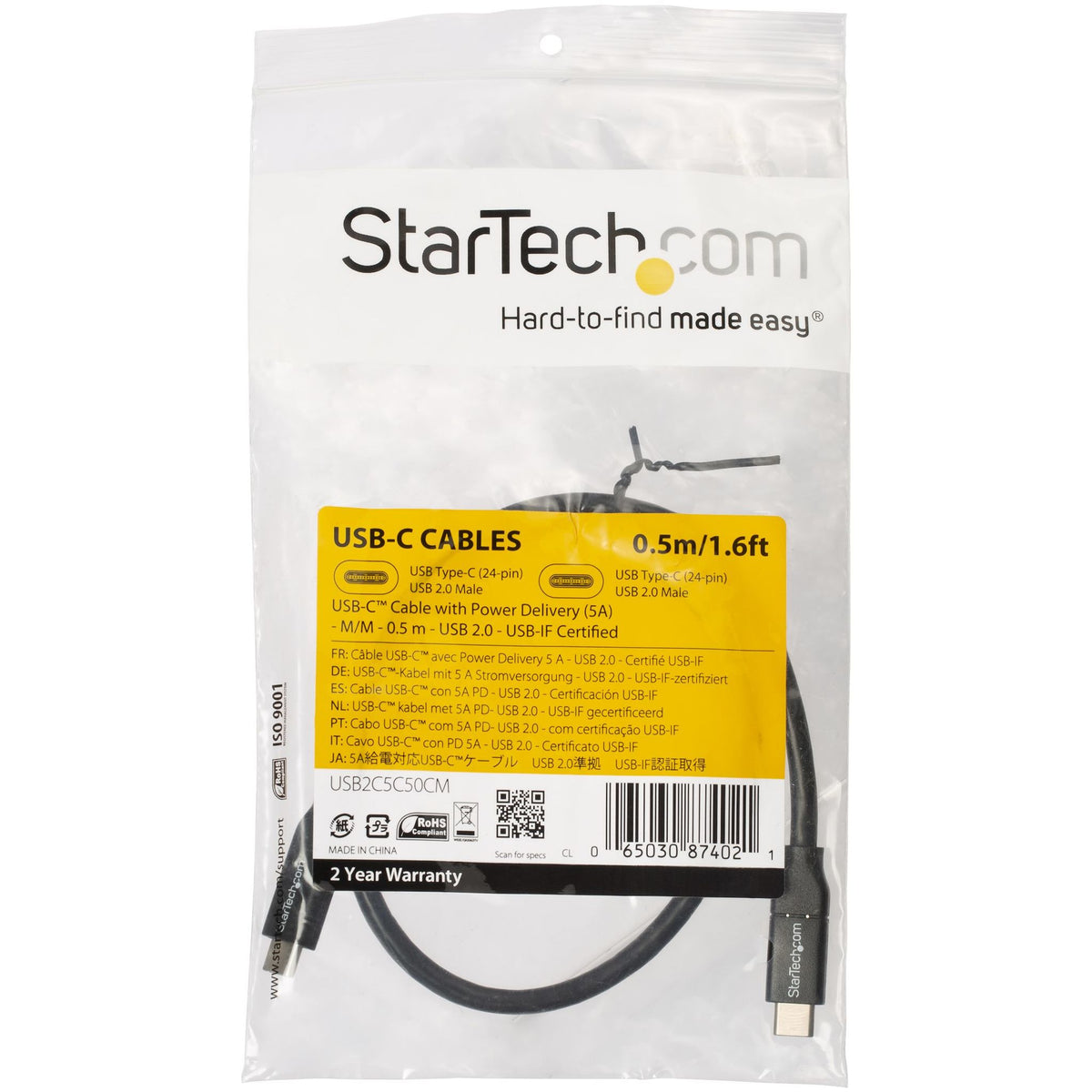 StarTech.com 0.5m USB-C to USB-C Cable 5A PD M/M USB 2.0 USB-IF Certified