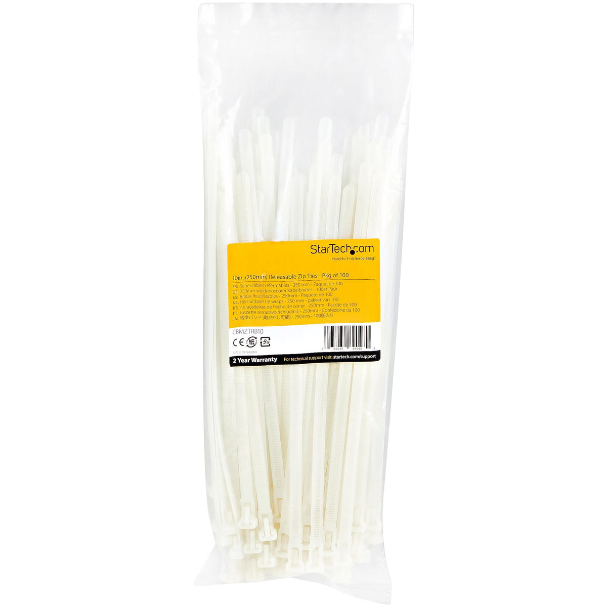 StarTech.com 100 Pack 10" White XL Reusable Nylon Cable Ties