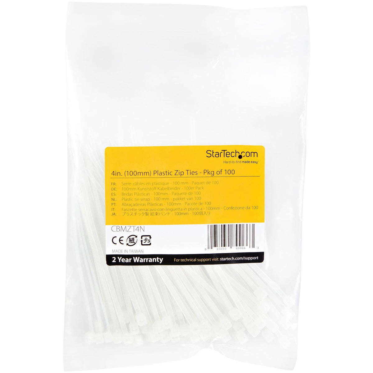 StarTech.com 100 Pack 4" White Small Nylon Cable Ties
