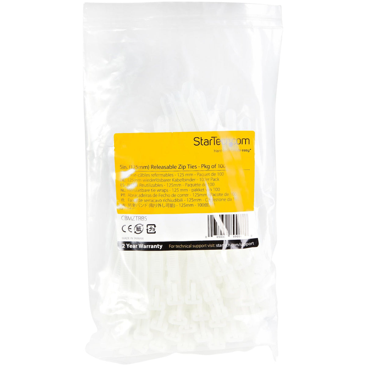 StarTech.com 100 Pack 5" White Small Reusable Nylon Cable Ties