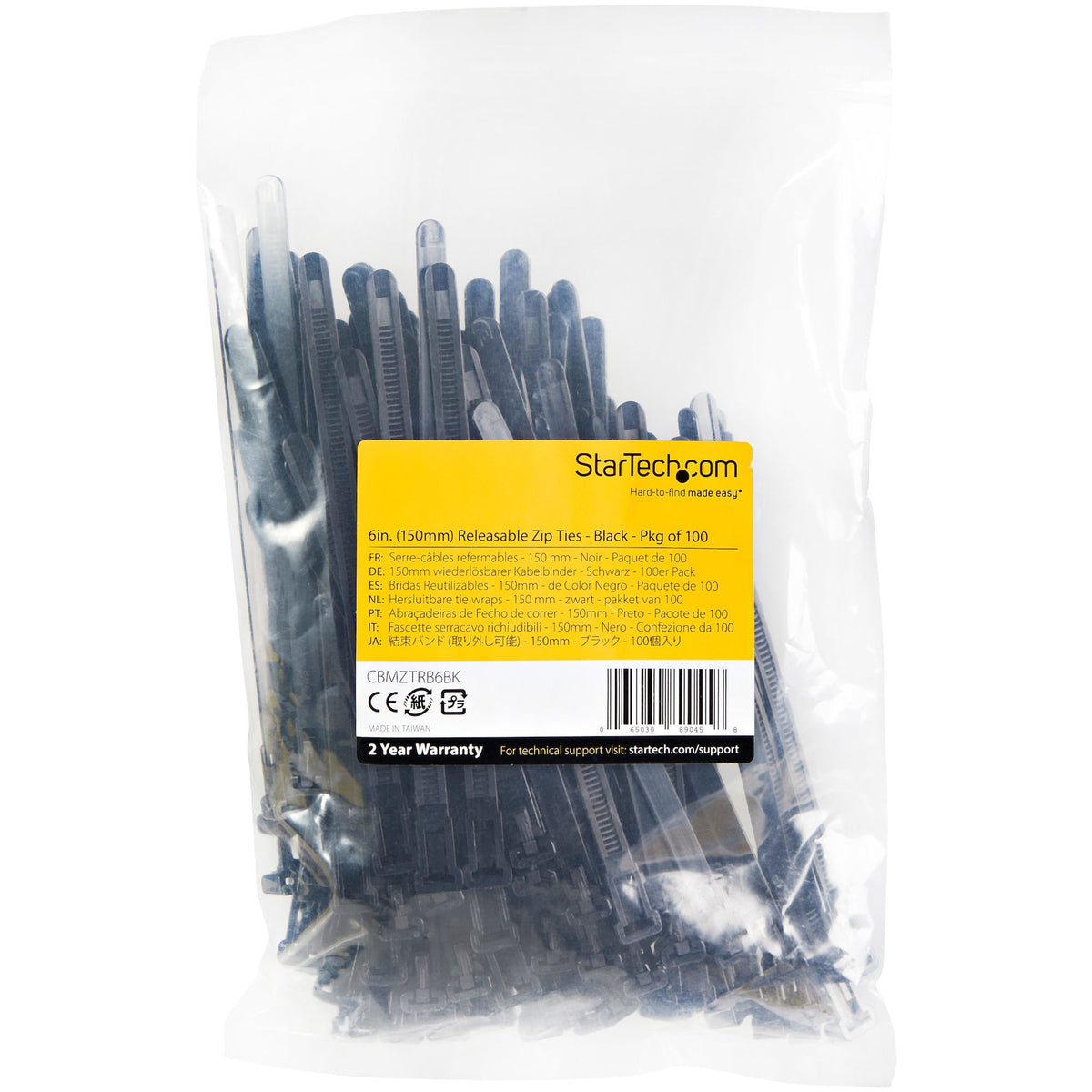 StarTech.com 100 Pack 6" Black Medium Reusable Nylon Cable Ties