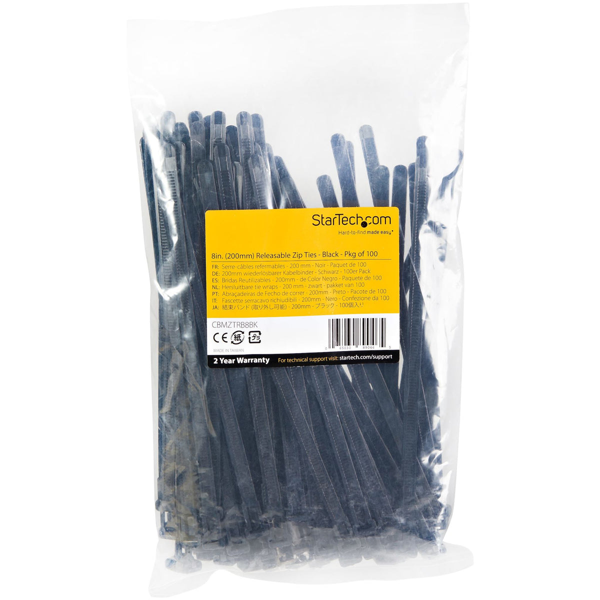 StarTech.com 100 Pack 8" Black Large Reusable Nylon Cable Ties